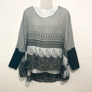 Fury Blouse Top Silk Blend Made in USA Geometric Black High low hem Sheer L